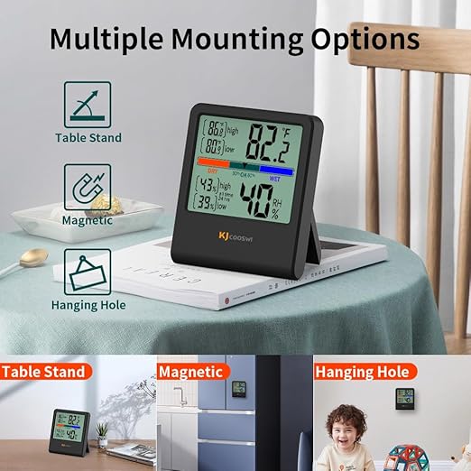 Digital Thermometer Hygrometer, Indoor Wall Thermometer Humidity Indoor with High Accuracy, Suitable for Greenhouse, Home and Office, AAA Battery (Black)
