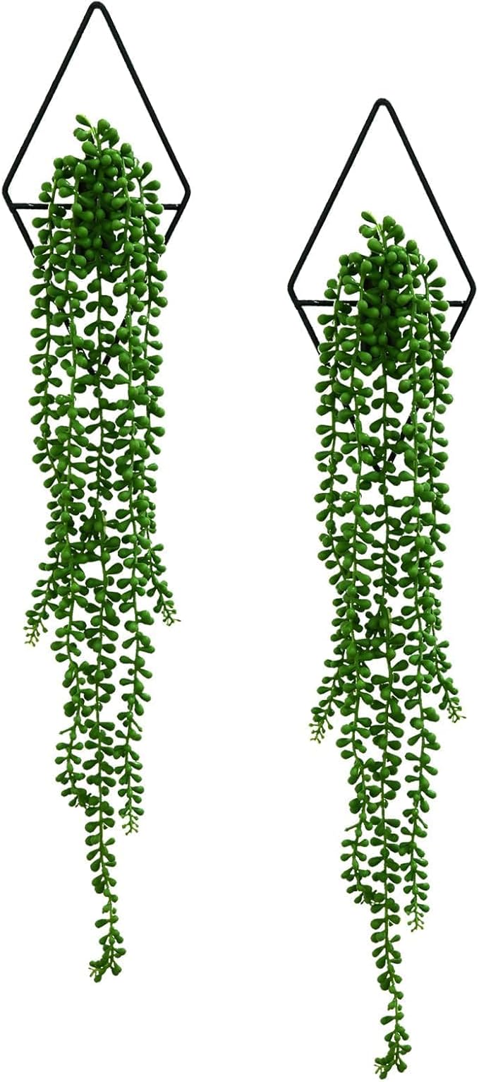 GREENTIME 2 Pack Fake Succulent Plants Hanging Artificial Ivy Vine with Black Diamond Metal Hanging Vase Faux String of Pearls for Teacher Appreciation Living Room Bedroom Boho Kitche Wall Shelf