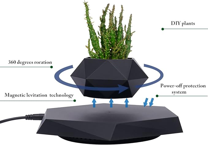 Floating Plant Pot,Magnetic Levitating Plant Pot for Air Plants,Rotating Air Bonsai Planter Flower Pot for Office Home Levitating Desk Levitating Decor(Black)