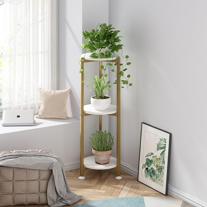 Plant Stand Indoor Outdoor 2 Tier Tall Metal Corner Storage Tiered Plant Shelf Holder Multiple for Living Room Balcony Garden,Black (3 Tier-Gold Round)