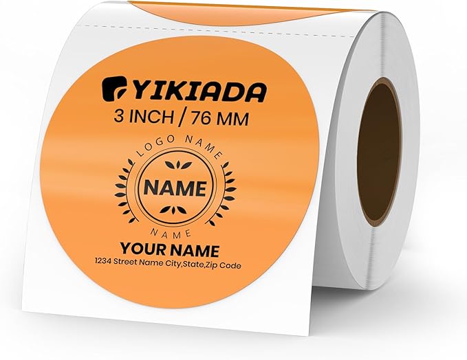 Orange Circle Thermal Labels Vinyl 3 Inch Self-Adhesive Round Stickers Roll Waterproof Printer Decals Name Tag for QR Code DIY Office Address 500 PCS