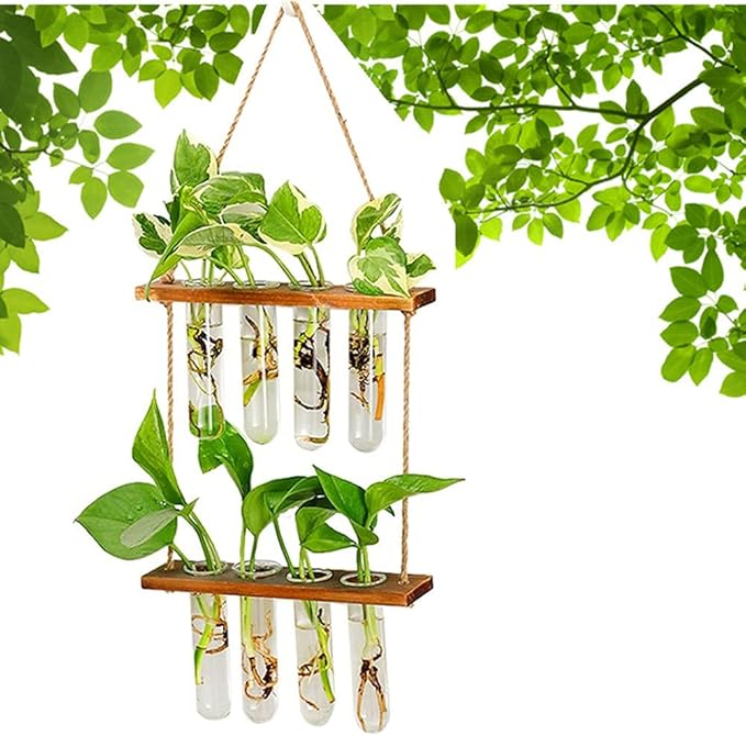 Hiuxume 2 Tiered Wall Hanging Planter, Wooden Stand with Glass Planter Test Tube Vase for Hydroponic Plant Propagation, Perfect for Indoor and Outdoor Decor