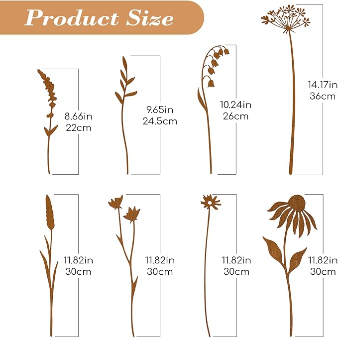 8-Piece Garden Bloom Stakes – Rustic Hand-Rusted Metal Flower Stakes for Flower Beds, Lawns, Pots, Patio, Outdoor Décor, Yard Art & Plant Decorations