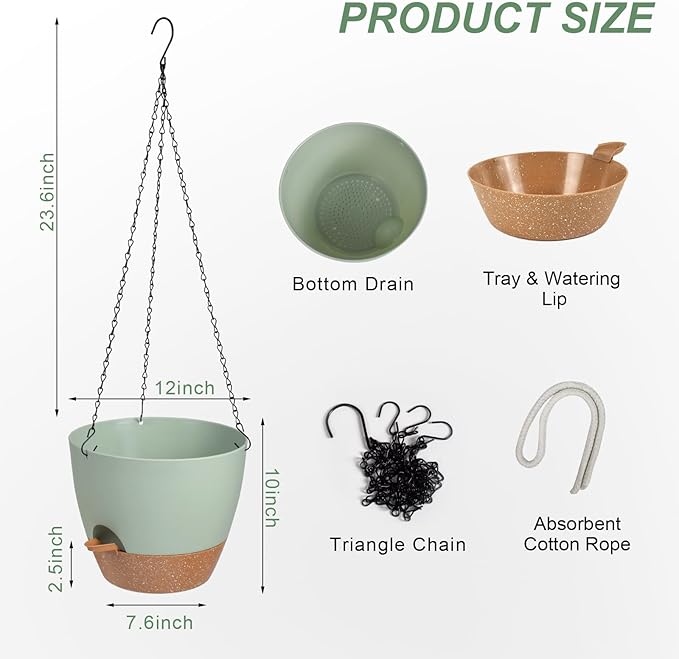 Vanslogreen Hanging Planters for Indoor Outdoor Plants, 1 Set Self Watering Hanging Pot with Drainage Holes & Removable Tray (Green-12inch, 12'')