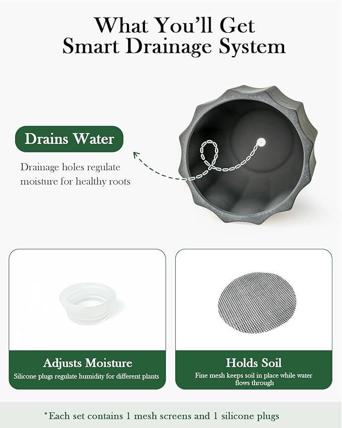 10 Inch Plant Pot – Ceramic Planter with Drainage Hole & Removable Drain Plug, Decorative Flower Pot for Indoor Outdoor Plants, Modern Round Large Planter, Grey