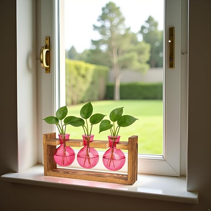 XXXFLOWER 3 Bulb Glass Propagation Station with Wooden Stand, Propagation Vase Propagated Plant Holders Tabletop Planter, Gardening Hydroponics Gifts Home Office Indoor Decor (Pink)