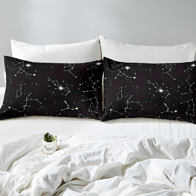 Galaxy Sheets Set Queen Size For Kids Girls Boys Outer Space Starry Sky Bedding Set Teens Constellation Twinkle Stars Bed Sheet Set Microfiber Super Soft Breathable Black White Milky Way Bed Cover