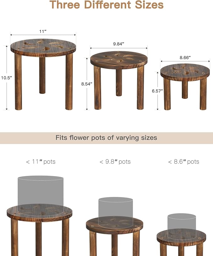 3-Pack Wooden Plant Stand Indoor, Mid Century Plant Stands for 6-11 Inch Pots, Modern Plant Stool for Large Plants, Heavy Duty Tall Plant Holder for Small Apartment Living Room Balcony Office