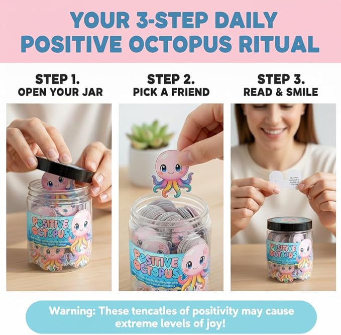 Positive Octopus Jar with 60 Daily Affirmation Cards, Emotional Support Octopus Decor, Inspiring Gift for Women and Men, Cute Motivational Desk Jar Offering Encouragement for Friends or Coworkers