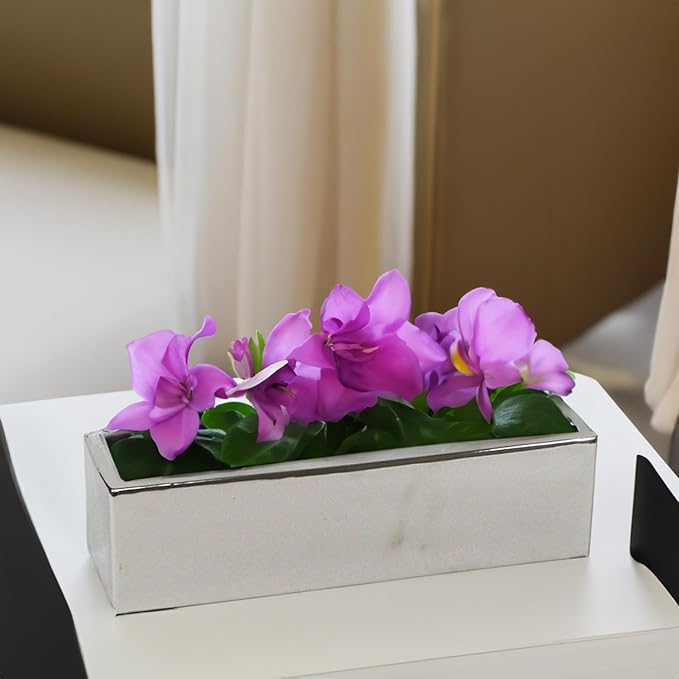 WGVI Long Rectangle Ceramic Planter Vase in Silver 14" x 4" x 4"H, Rectangular Box Block Terrarium Pot, Flower Arrangement, Tabletop Centerpiece, Home Decor Organization Storage Container, 1 Pc.