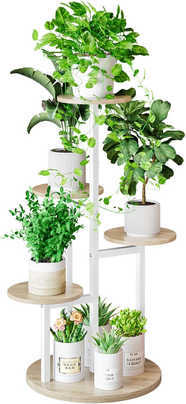 INGIORDAR Plant Stand Indoor Outdoor Corner Plant Shelf for Multiple Flower Pots Flower Stand Holder for Patio Garden Balcony Living Room (White+Sonoma Oak, 5 Tier)