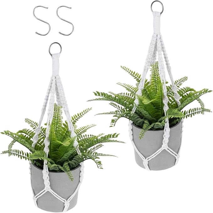 JJUNW 2pcs Macrame Plant Hanger, 21 Inch Indoor Hanging Planter with 2 Hooks Boho Long Crochet White Rope Hanging Planters for Indoor Outdoor Home Decor (Pots Not Included)
