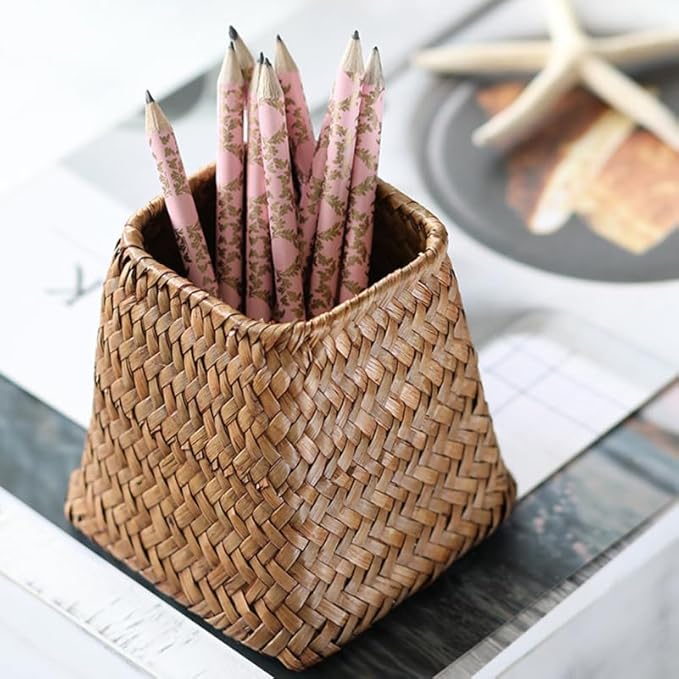 Ipetboom Wicker Flower Vase, Natural Seaweed Weave Basket Pastoral Rattan Vase Farmhouse Flower Basket, Dried Flower Pot Seagrass Storage Basket Organizer, 5.51 X 4.72 Inches