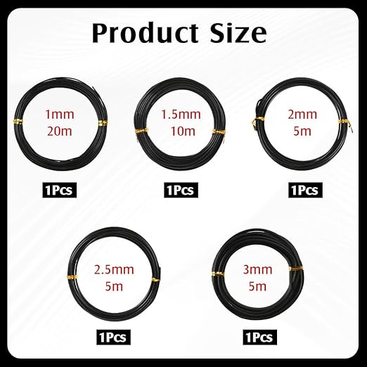 5 Rolls Bonsai Wire, 147 Feet Aluminum Bonsai Training Wires, 5 Sizes Plant Training Wires Black Plant Wires Aluminum Wire for Bonsai Tree Training Indoor DIY Crafts (1mm, 1.5mm, 2mm, 2.5mm, 3mm)