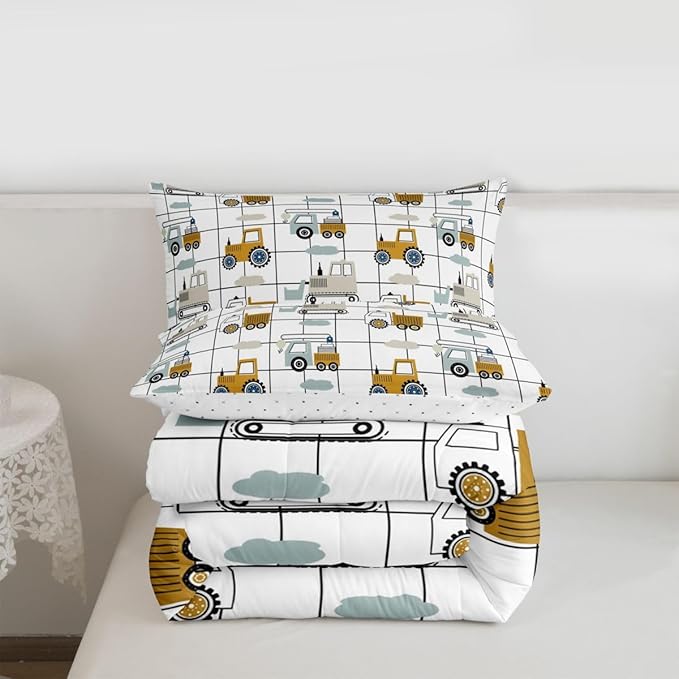 Feelyou Construction Truck Comforter Set Twin Kids Machinery Truck Excavators Vehicles Comforter for Boys Cartoon Tractor Bedding Set Excavator Tractor Plaid Grid White Duvet Set with 1 Pillow Case