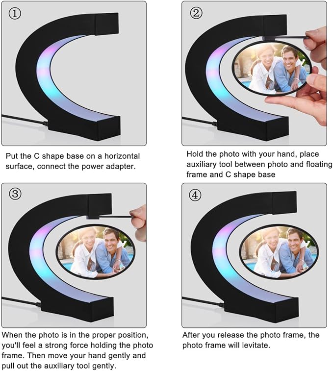 Magnetic Levitating Floating Photo Frame with Colourful LED Light Rotating Levitation Picture Frame Display for Room Decor, Creative Gifts (C-Shaped)