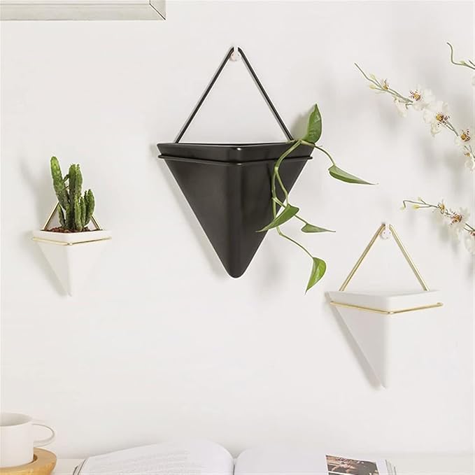 White,S,Wall Planters for Indoor Plants, Geometric Hanging Flower Vase Vessel with Metal Hanger, Creative Wall-Mounted Ceramic Planter