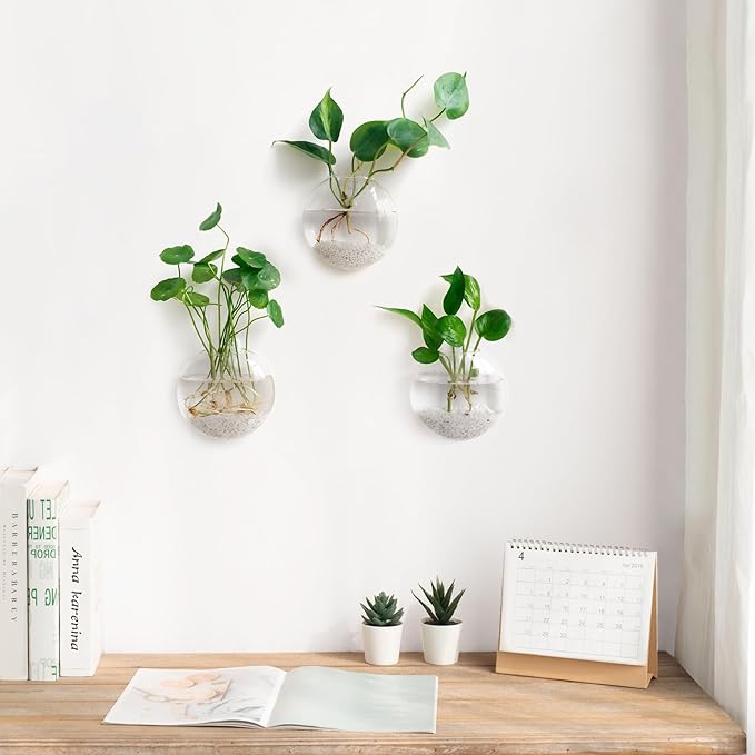 Mkono Wall Hanging Planter Propagation Station Glass Flower Vase for Hydroponics Plants, Bathroom, Home Office Living Room Decor Gift, Oblate Set of 3(Plants not Included)
