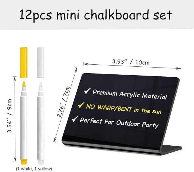 PigPotParty Acrylic Mini Chalkboard Signs for Outdoor Party Buffet, 12 Pcs 4"x3", Glossy Black Elegant Food Labels for Wedding, Table Signs, Place Cards, Include 2 Wet Erase Markers