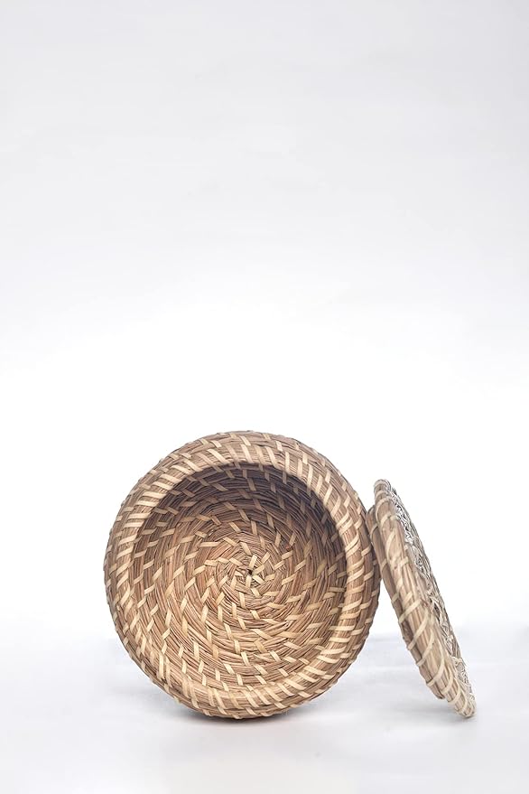 Set of 3 Round Handmade Seagrass Woven Basket with Lid – Handwoven Natural Box Storage for Accessories, Candy, Home Decor, Plant Pot, Vintage Jar Bathroom Kitchen - Elegant Design Bin (Style 4)