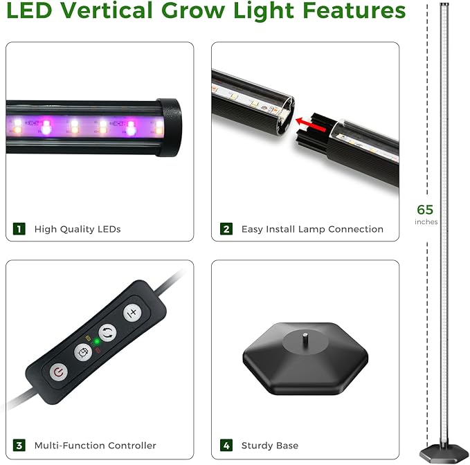 Grow Lights for Indoor Plants with Timer, 192 LEDs 42W Vertical Full Spectrum Grow Light 65 Inch Standing Grow Lights 3 Light Modes 5-Level Dimmable Wide Coverage