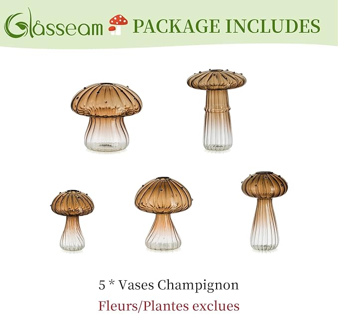 Glasseam Mushroom Plant Propagation Stations: Amber Glass Terrarium Jar Set of 5 Cute Planters for Indoor Plants Mini Propagate Station Unique Christmas Birthday Gifts for Women Home Office Decor