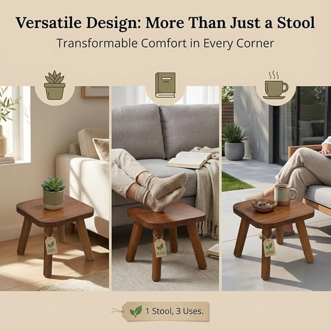 STORE INDYA Wooden Step Stool for Adults Non Slip Small Wooden Square Portable Foot Stool with Detachable Legs, Eco Friendly Mango Wood