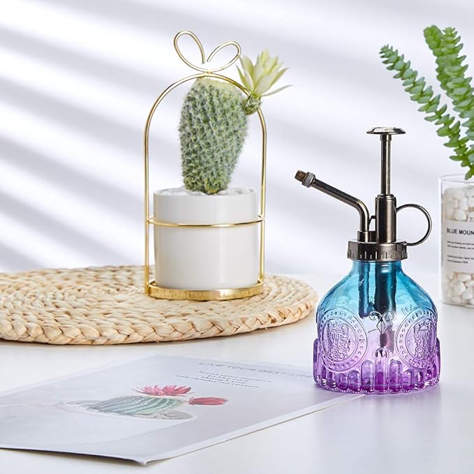 Glass Plant Mister Spray Bottle, Vintage Plant Spritzer, Succulent Watering Bottle with Top Pump, Small Plant Sprayer Mister Watering Can for Indoor Outdoor Houseplant - Blue Purple Gradient