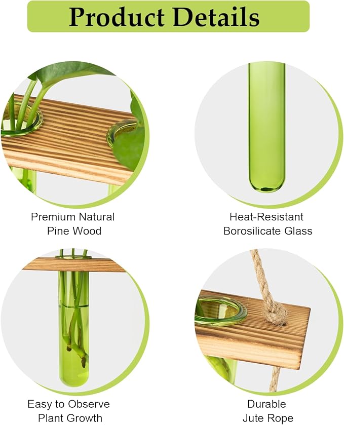 XXXFLOWER Wall Hanging Propagation Station with Wooden Stand 9 Test Tubes Vases Tiers Planters Wall Terrarium for Home Office Plant Hanger Flower Vases Wall Decor Hydroponic Cuttings(Green)