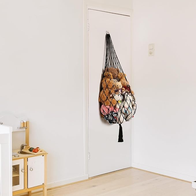 Amdermi Stuffed Animal Hammock Corner Hanging Net for Stuffy Animal Storage Macrame Toy Display Plushie Toy Holder-Perfect for The Tiny Space Walls, Kid Bedroom Decor Playroom Organizer (Black)