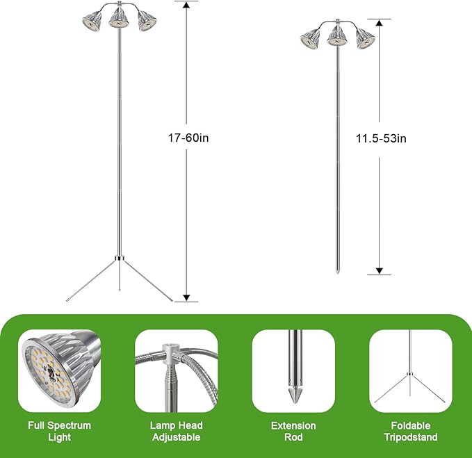 Full Spectrum Grow Light for Indoor Plants with Adjustable Tripod Stand, 11''- 60'' Height Plant Grow Lamp with Auto Timer 3/9/12H, LED Plant Light for Houseplants, Seedlings, Flowers & Indoor Garden
