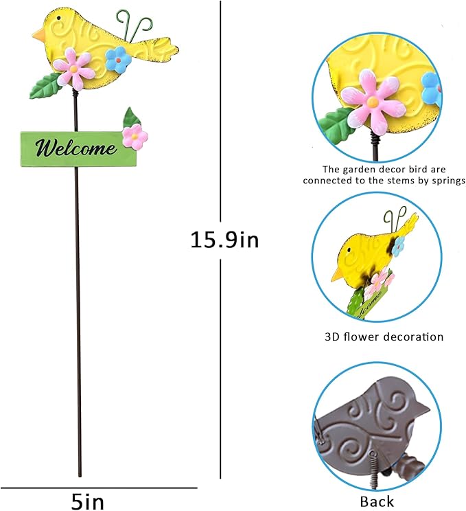 5Pack Metal Bird Decorative Garden Stakes,15.9 Inch Metal Garden Decor for Outside for Spring Decor, Shaking Head Yard Art Garden Decorations for Outdoor Lawn Pathway Patio