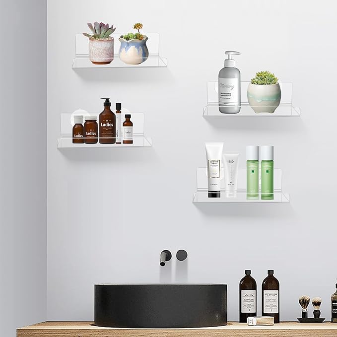 2-Pack 6'' Clear Acrylic Modern Window Mount Floating Shelf, 2 Shelves, 2 Inch Depth, 5 lbs Max Weight, Space Saving, No Drilling, Suction Cup, Bathroom, Kitchen, Wall