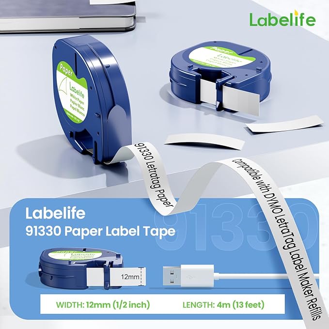 15-Pack Compatible with Dymo LetraTag Refills White Paper 12mm x 4m 1/2" x 13' 91330 10697 Label Tape for LetraTag LT-100T LT-100H Plus 200B Label Maker