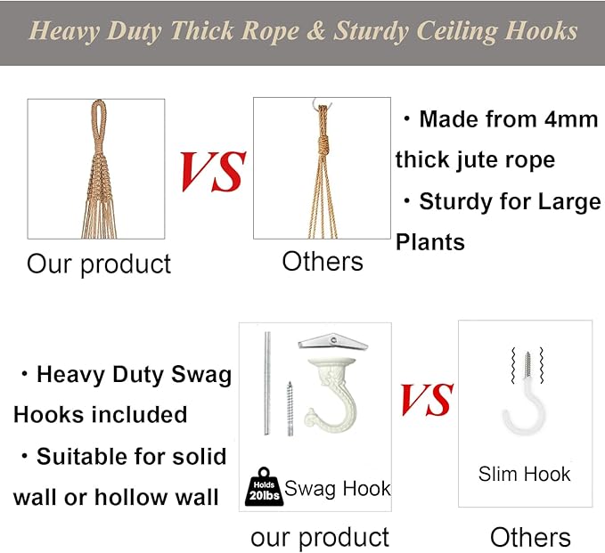 Bouqlife 43 Inches Macrame Plant Hanger Large for 14 inch Pot Extra Long No Tassel Rope Hanging Plant Holder with Ceiling Hook Bohemian Home Décor Brown 2Pack
