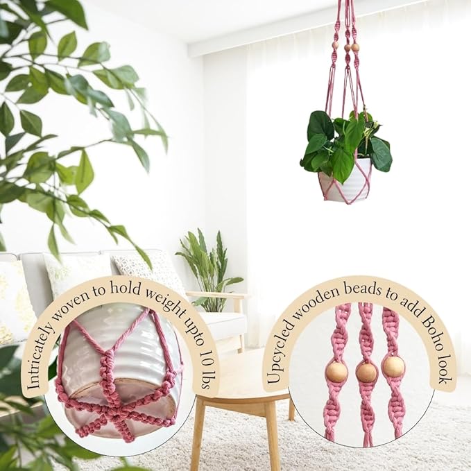 Macrame plant hanger 3ft beaded plant hanger for pots 4-8” for live plants indoor and outdoor decor hanging plant holder Boho décor Plant stand indoor Hanging planter for plant pots (Champagne Pink)