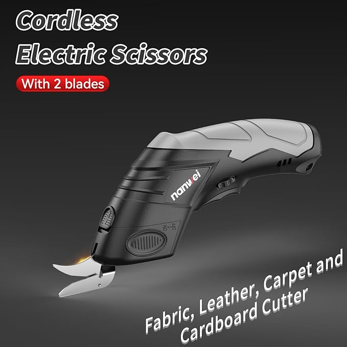 NANWEI Electric Scissors Cordless, Type-C Rechargeable Cardboard Cutter with 2 Blades, 4.2V High‑torque Motor, for Fabric Carpet Leather (Black)