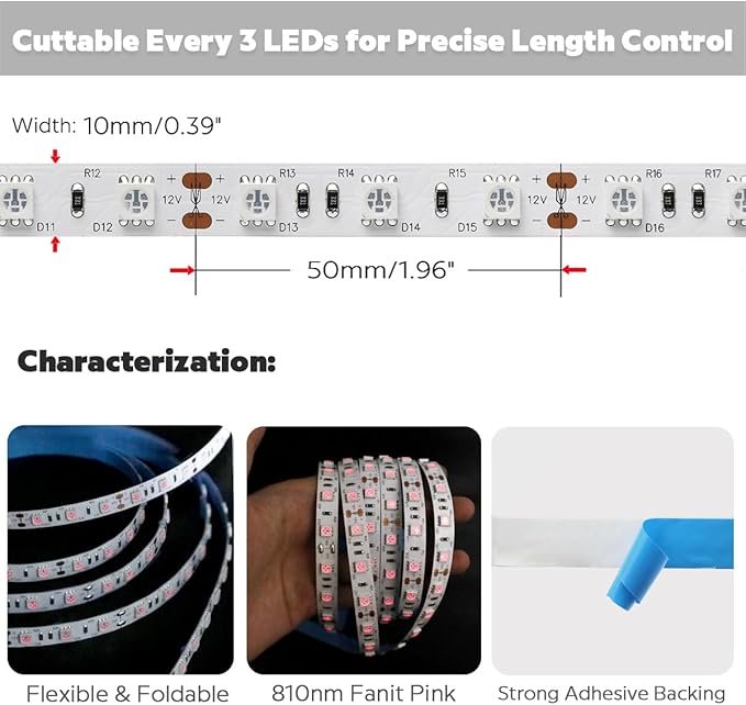 12 Volt 810nm Infrared LED Strip Light, 5m/16.4ft 72W IP20 Non-Waterproof Flexible Cuttable NIR Light LED Tape, 810 nm LED Tape Light (810nm, 300 LEDs, 5050 SMD)