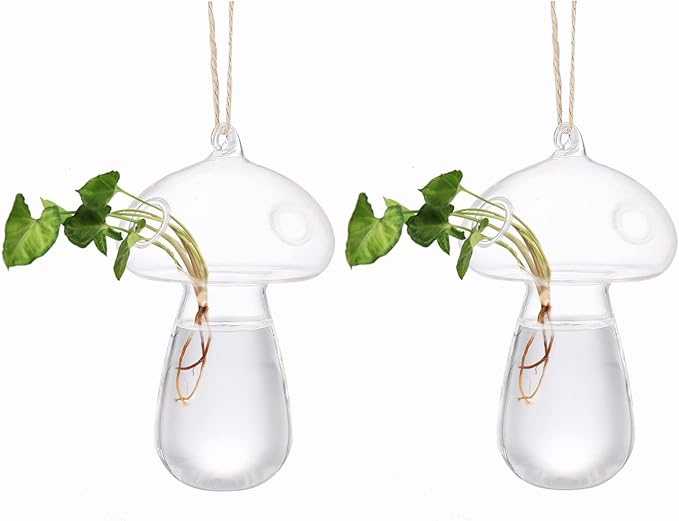 Asodomo 2 Pack Creative Mushroom Hydroponic Vase Hanging Glass Planter Plant Terrarium Container Propagation Stations with Hemp Rope for Air Plant Flowers Indoor Wall Window Home Decor