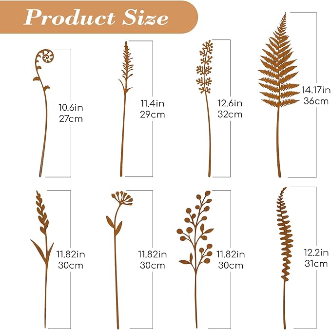8-Piece Fern & Leaf Garden Stakes – Hand-Rusted Metal Plant Stakes for Flower Beds, Lawns, Pots, Patio, Outdoor Garden Décor, Yard Art & Plant Decorations