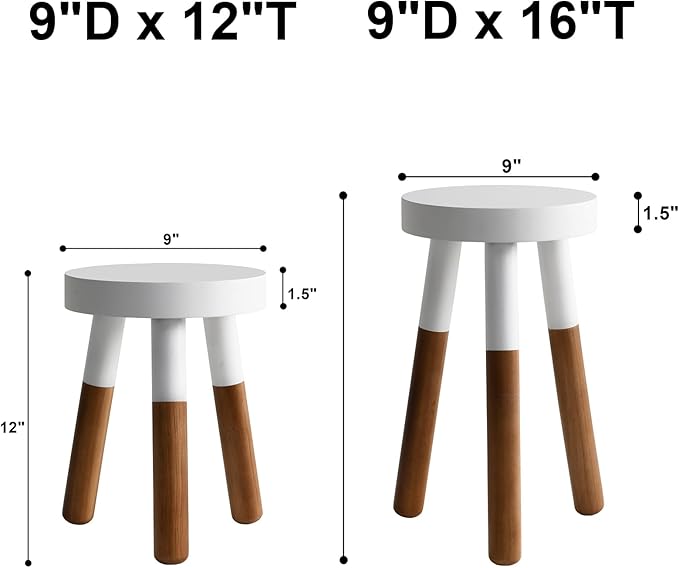 LitaEther 9" Reverse Dipped Wood Plant Stand, Wood Accent Stool,Milking Stool Set (12"+16" Tall)