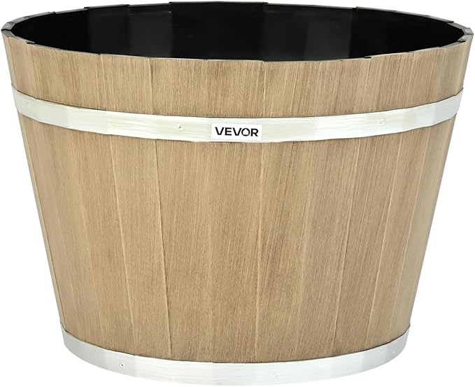 VEVOR Plant Pots, 4 Pack 11.81 inch Whiskey Barrel Planters with Drainage Holes, Large Outside Plastic Decoration Flower Pot Imitation Wine Barrel Design for Indoor Outdoor Garden Home Plants, Brown