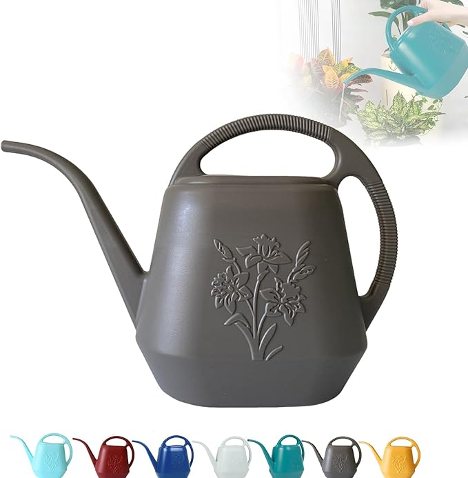 Watering Can 1 Gallon with Comfortable Handle, Flower Patterns Watering Can Indoor Plants, Plastic Long Spout Watering Can for House Plants Succulent Bonsai Garden Flower Outdoor (Grey)