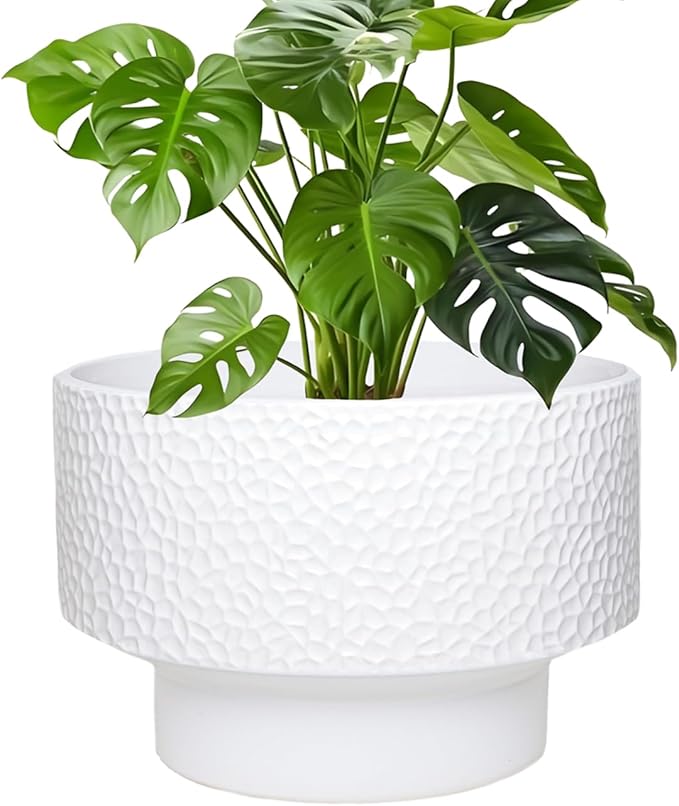 11 Inch Plant Pots, Ceramic Pots for Plants with Drainage Hole, Plant Pots Indoor for Monstera, Honeycomb Planter Flower Pot for Plants, Modern Planters for Deck Home Office Plants, White