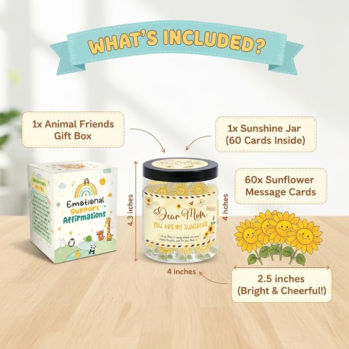 Positive Sunflower Jar with 60 Affirmation Cards, Uplifting Motivation Jar For Mom, Encouraging Sunflower Gifts For Mom Women, Emotional Support Gift, Funny Desk Decor, Gifts for Coworkers Women