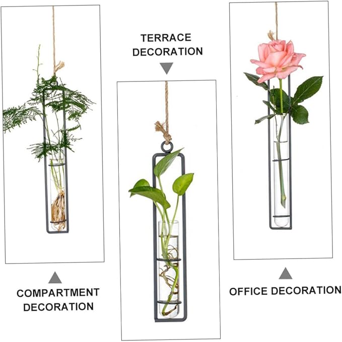 Hanging Glass Hydroponic Vase Set 3pcs with Test Tubes and Iron Frames, Wall-Mounted Plant Propagation Station for Home Décor and Garden Display, Includes 3 Hemp Ropes and 3