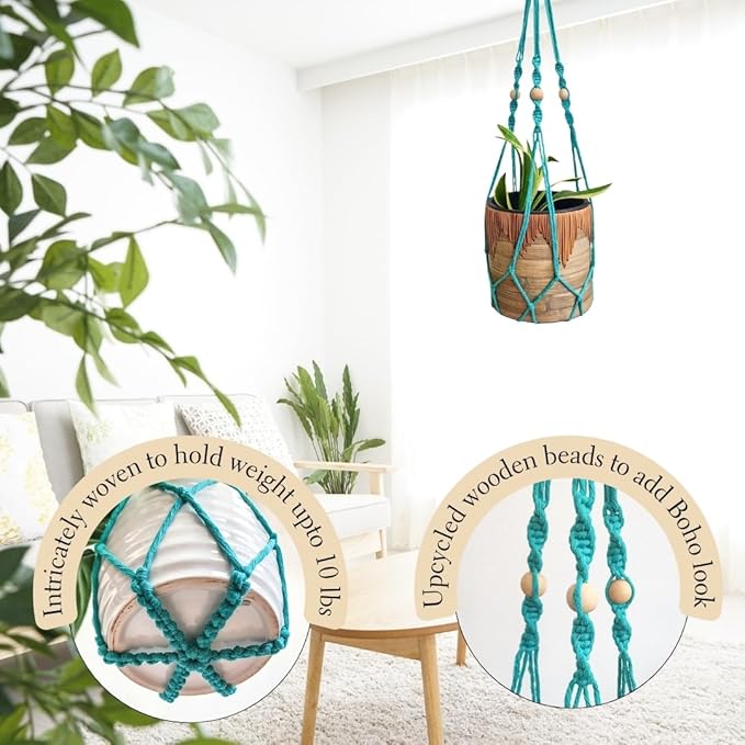 Macrame plant hanger 3ft beaded plant hanger for pots 4-8” for live plants indoor and outdoor decor hanging plant holder Boho décor Plant stand indoor Hanging planter for plant pots (Ocean Teal)