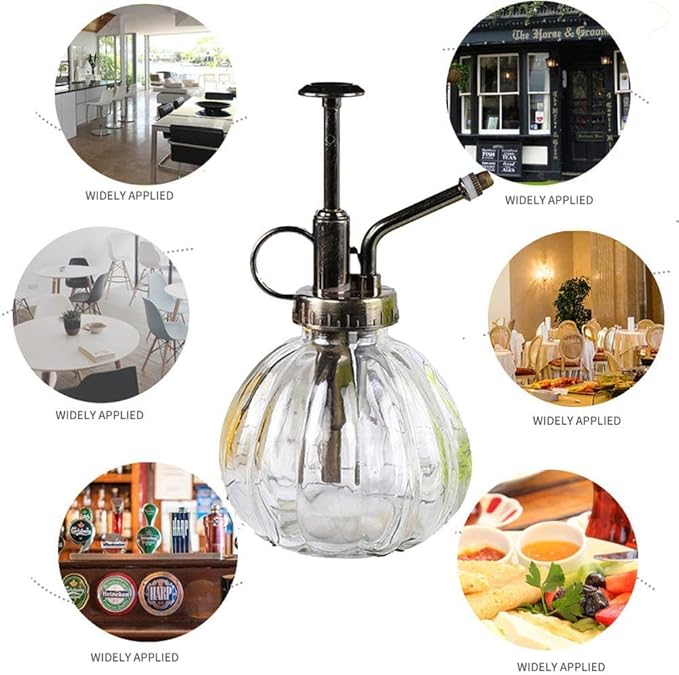 Mr. Plant Glass Water Spray Bottle 6.3 Inch High Round Retro Style Pumpkin Shape Moisturizing Atomizer Plant Fine Mist Cleaning Solution Hairdressing Spray Houseplant (Transparent)