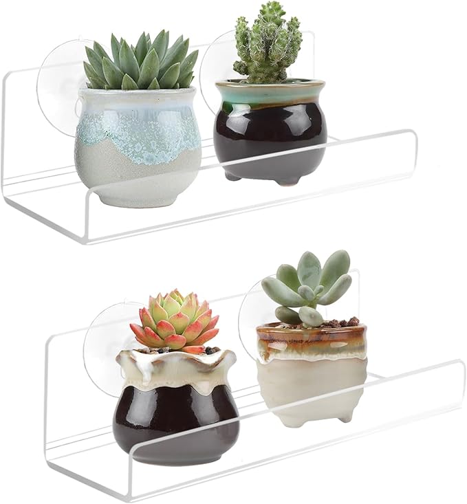 2-Pack 6'' Clear Acrylic Modern Window Mount Floating Shelf, 2 Shelves, 2 Inch Depth, 5 lbs Max Weight, Space Saving, No Drilling, Suction Cup, Bathroom, Kitchen, Wall