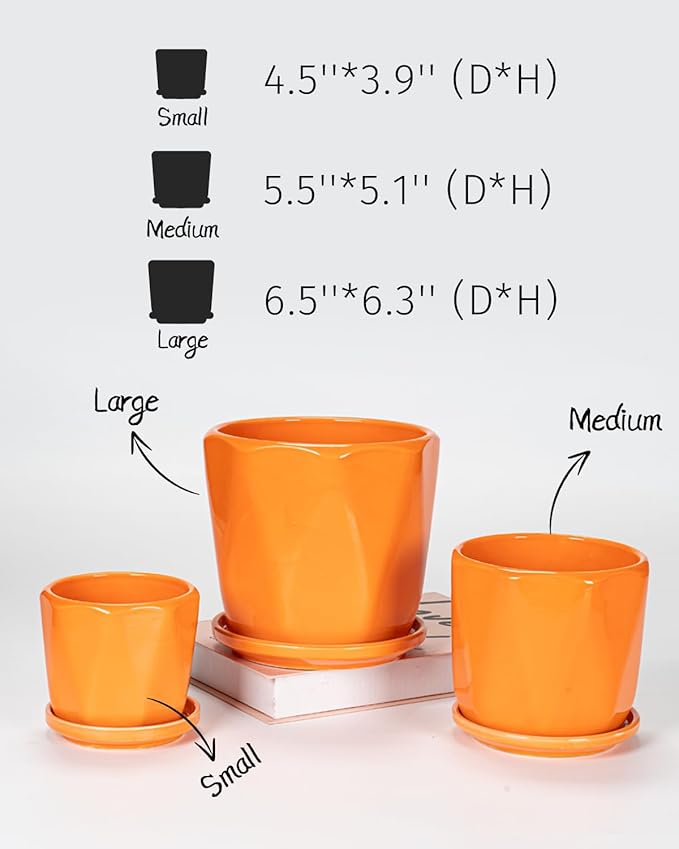 Ceramic Plant Pots, 6.7 + 5.3 + 3.9 Inch Octagon Pots for Plants, Flower Planters for Indoor with Drainage and Saucer Set of 3, Bright Orange
